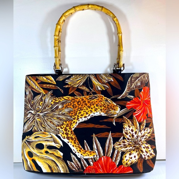 Diane Gilman Handbags - Vintage Diane Gilman Leopard Tote Bag Bamboo Cane Handle